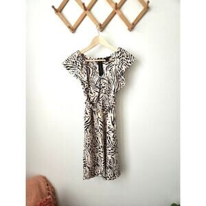 H&M zebra print‎ pink blush black ruffle neck belted dress 2 work career party